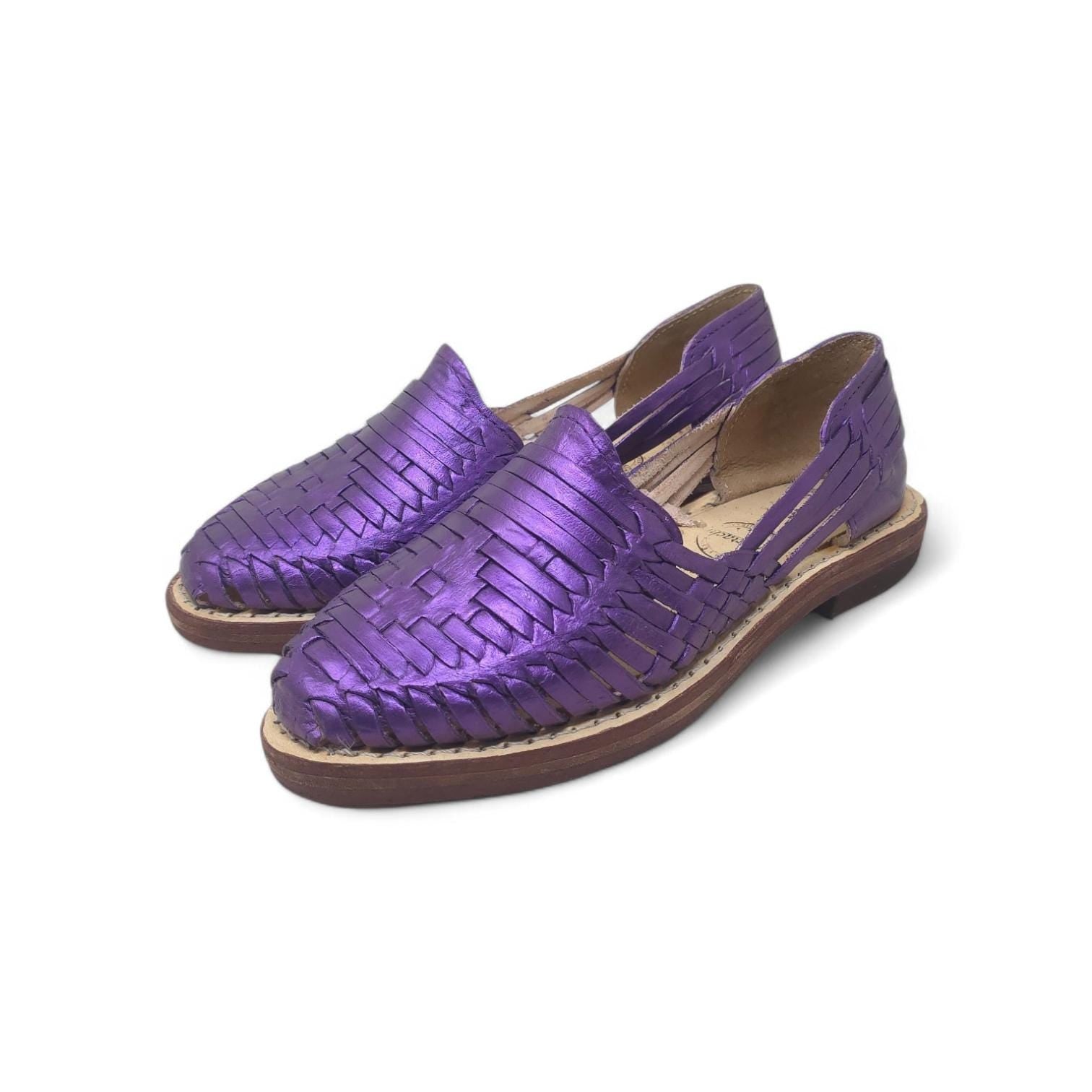 Mexican Huaraches for women, closed toe, woven metallic purple leather, handmade artisanal sandals made in Mexico