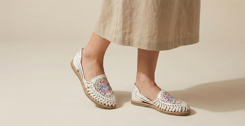 Embroidered huaraches for women, closed toe, genuine leather with flowers, white/honey/brown, handmade in Mexico
