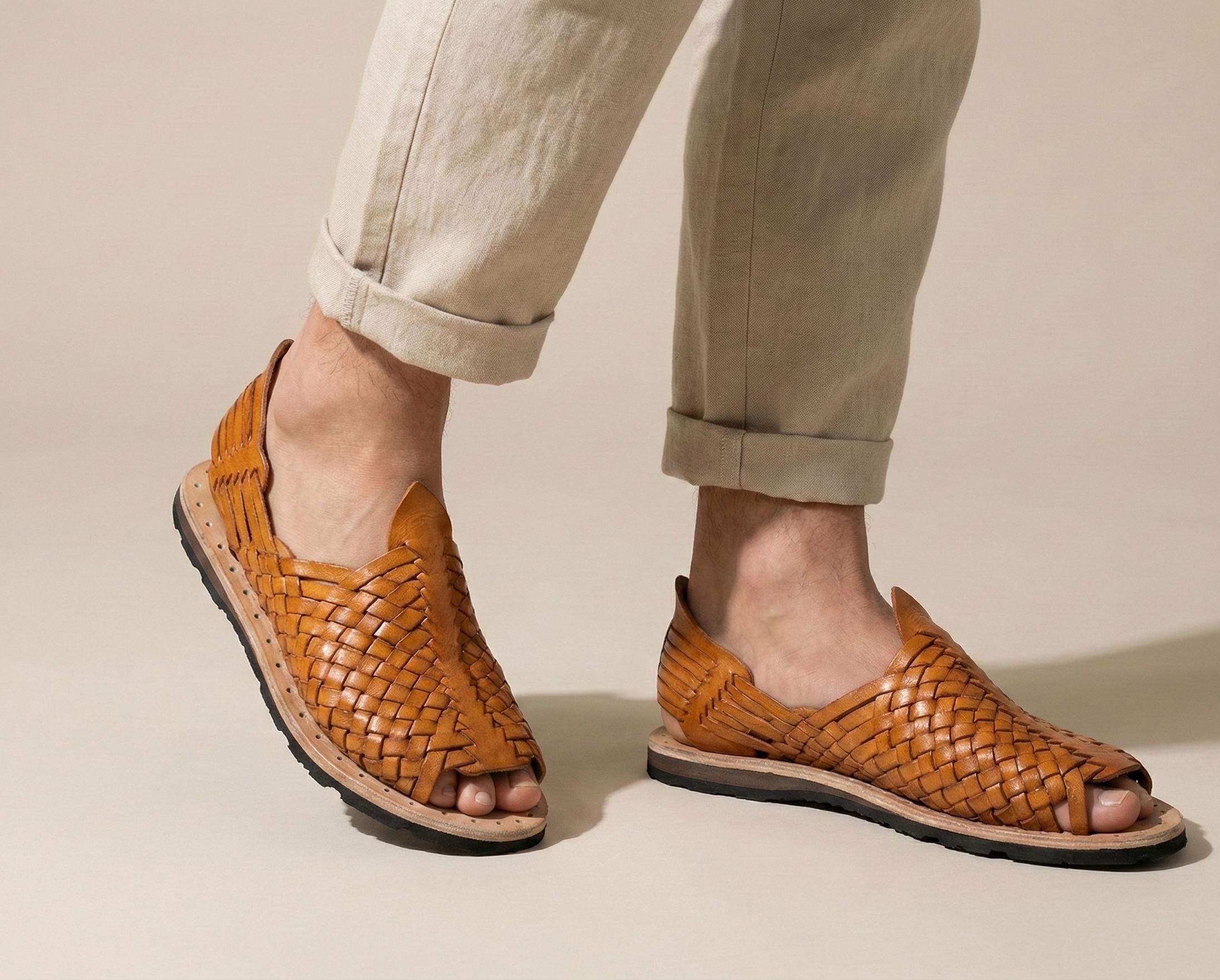 Handmade boho huaraches for men in black, honey or tobacco leather