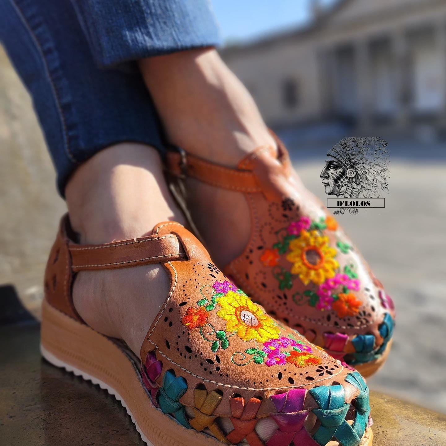 Women's Mexican Huaraches with Embroidered Flowers - Colorful Artisan Sandals with High Sole