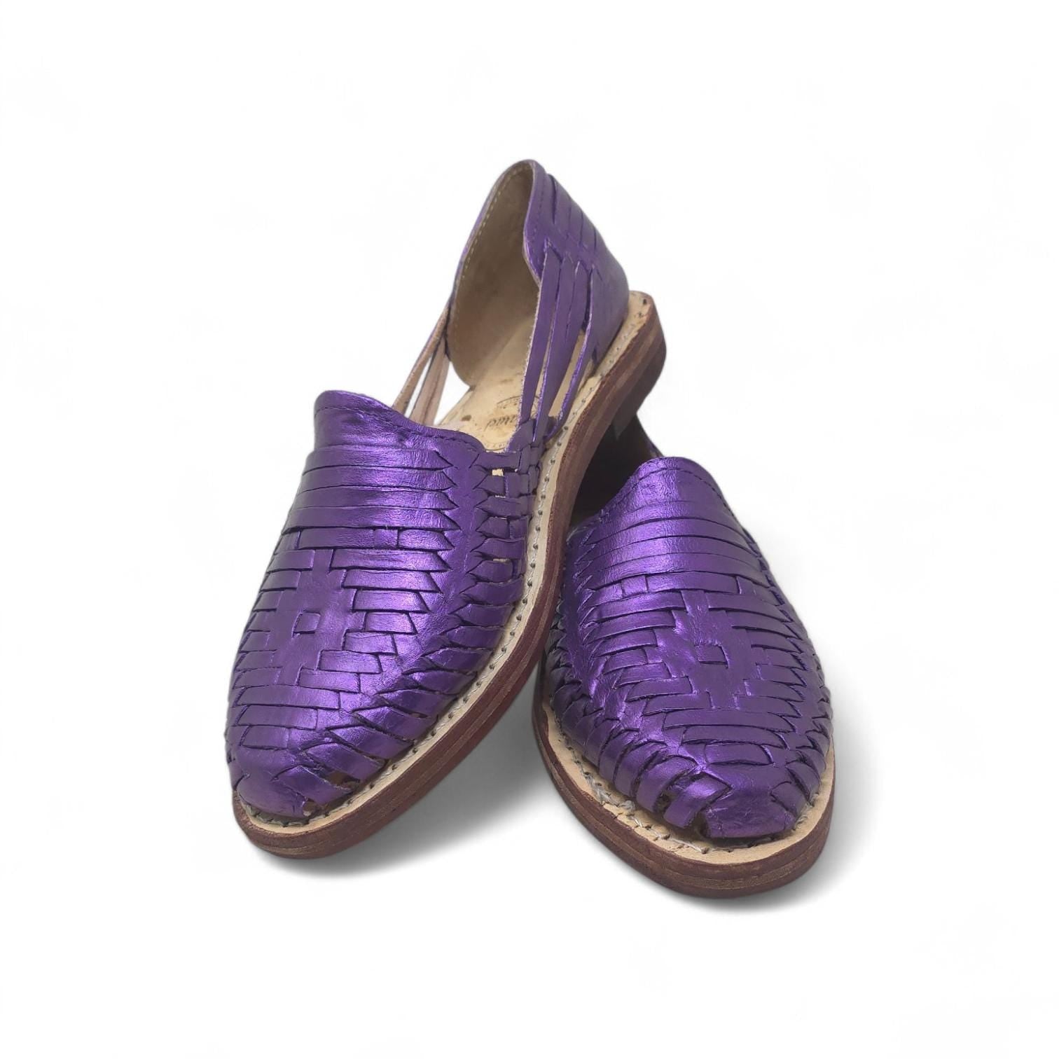Mexican Huaraches for women, closed toe, woven metallic purple leather, handmade artisanal sandals made in Mexico