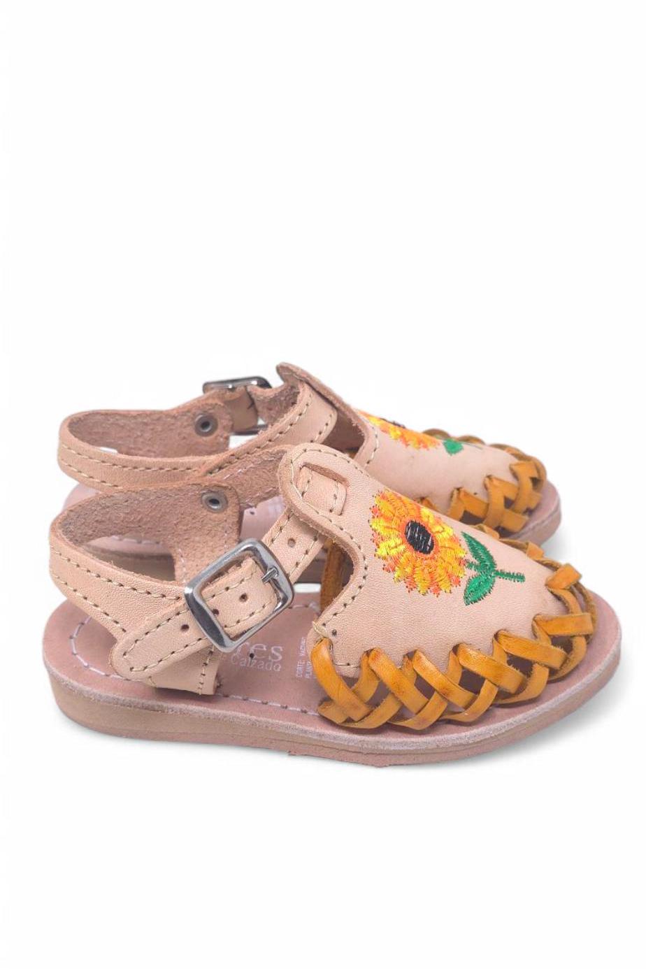 Baby and girls' huaraches with embroidered sunflowers – Handmade leather sandals with buckle closure, comfortable and cool