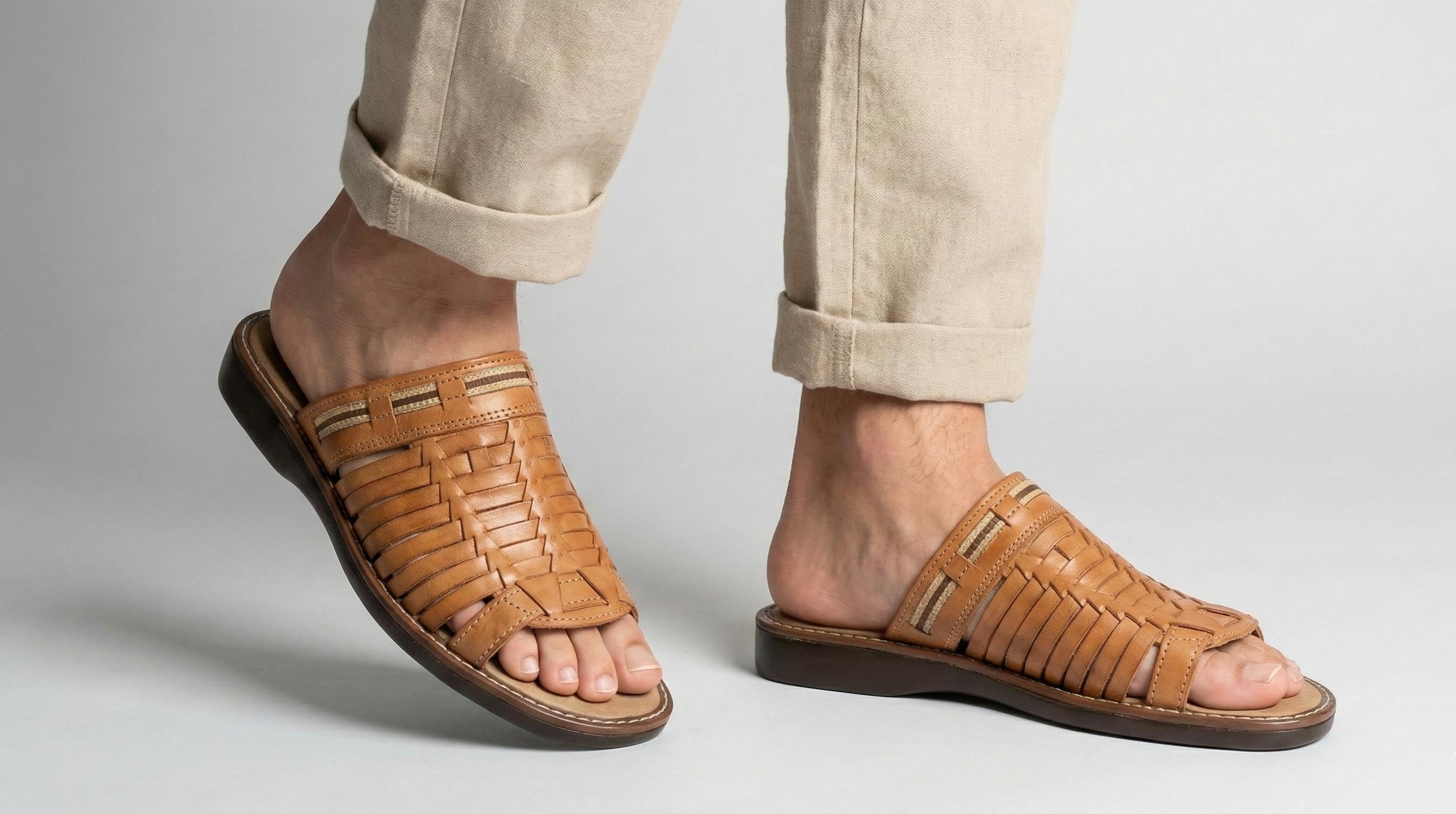 Men's mule huaraches, woven leather, honey or brown color, lightweight cushioned sole, handmade in Mexico