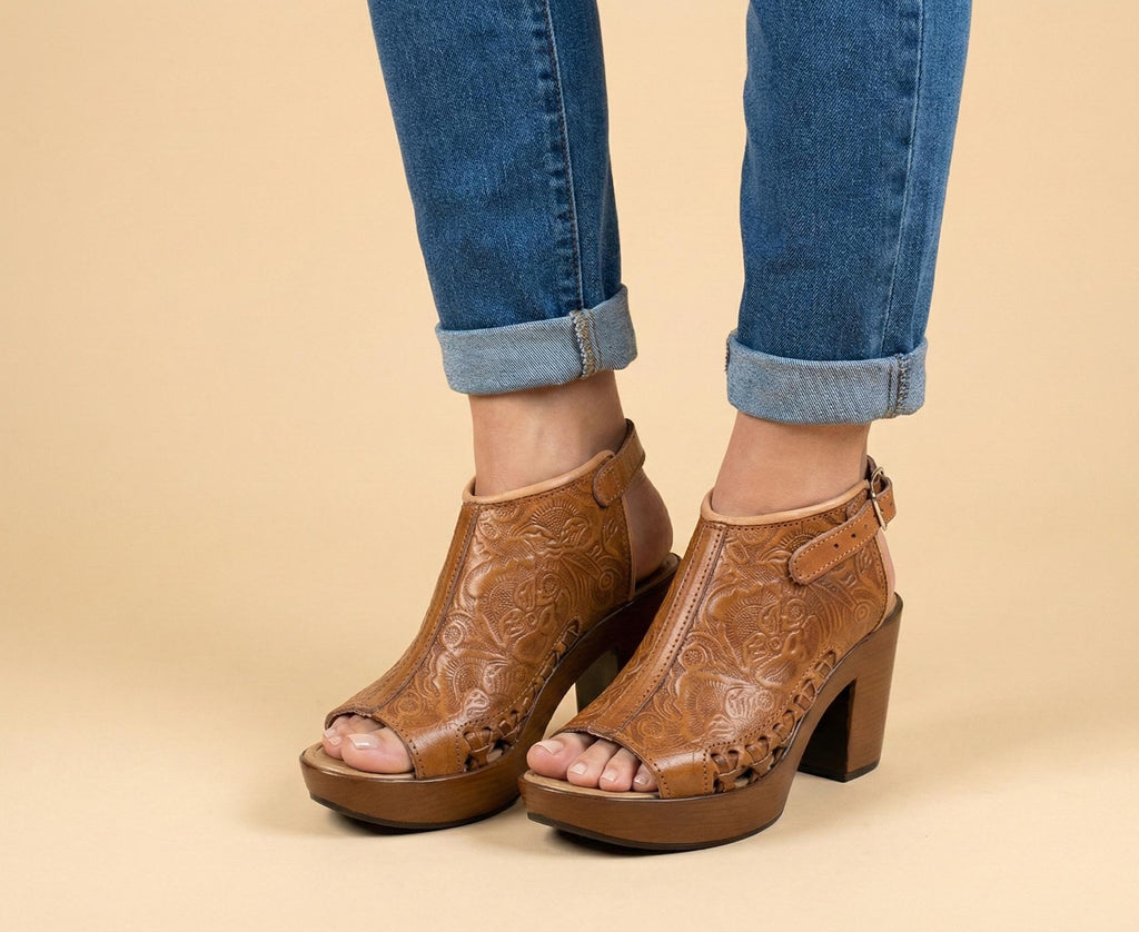 Women's boot huaraches | brown engraved leather ankle boot | lightweight platform heel | handmade in Mexico