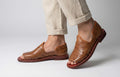 Men's open-toe huaraches, woven leather, honey or reddish brown, comfortable slip-ons, made in Mexico