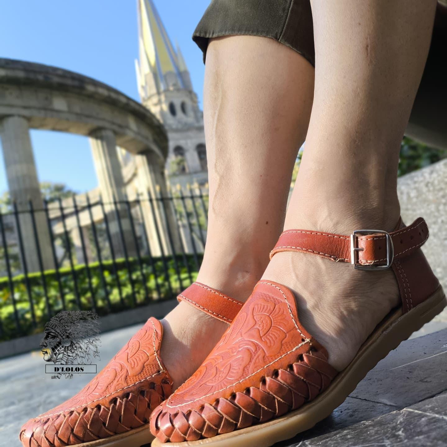 Women's Huaraches with Embossed Flower | Closed Toe and Strap | Mexican Artisanal Shedron or Honey
