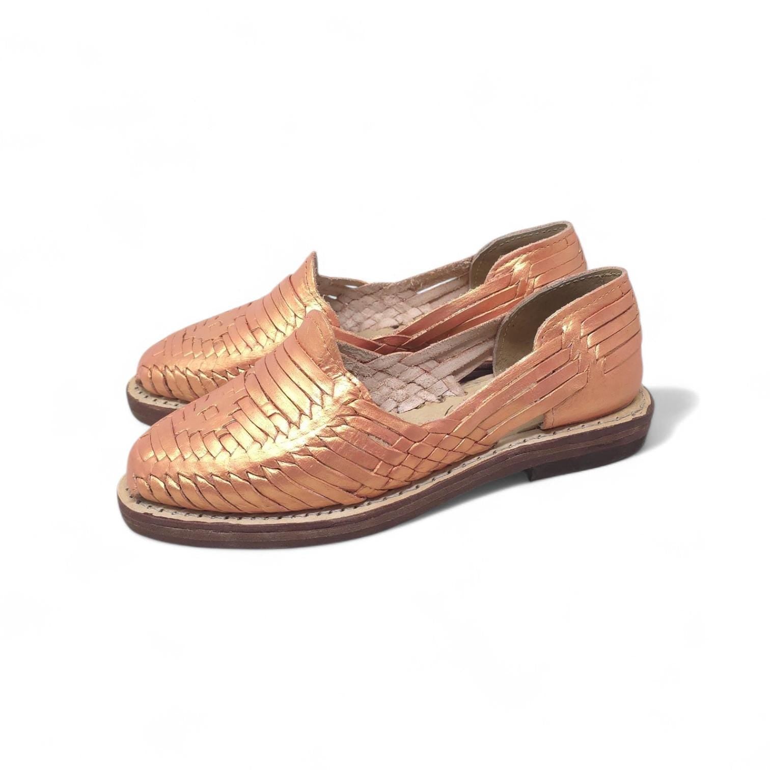 Women's closed-toe huaraches, genuine metallic rose gold leather, rawhide sole, slip-on, handmade in Mexico