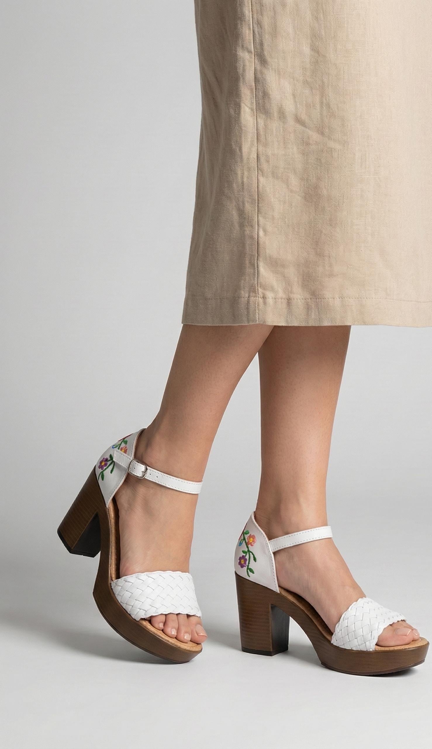 Women's white platform huarache sandals with colorful embroidered heels, Mexican huarache heels