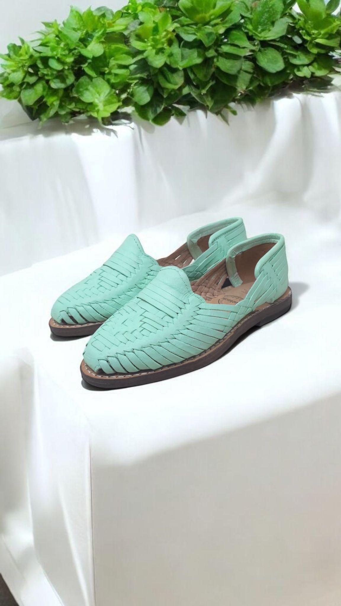 Mexican Huaraches for Women Mint Color | Handmade Genuine Leather Sandals | Comfortable Handmade Footwear