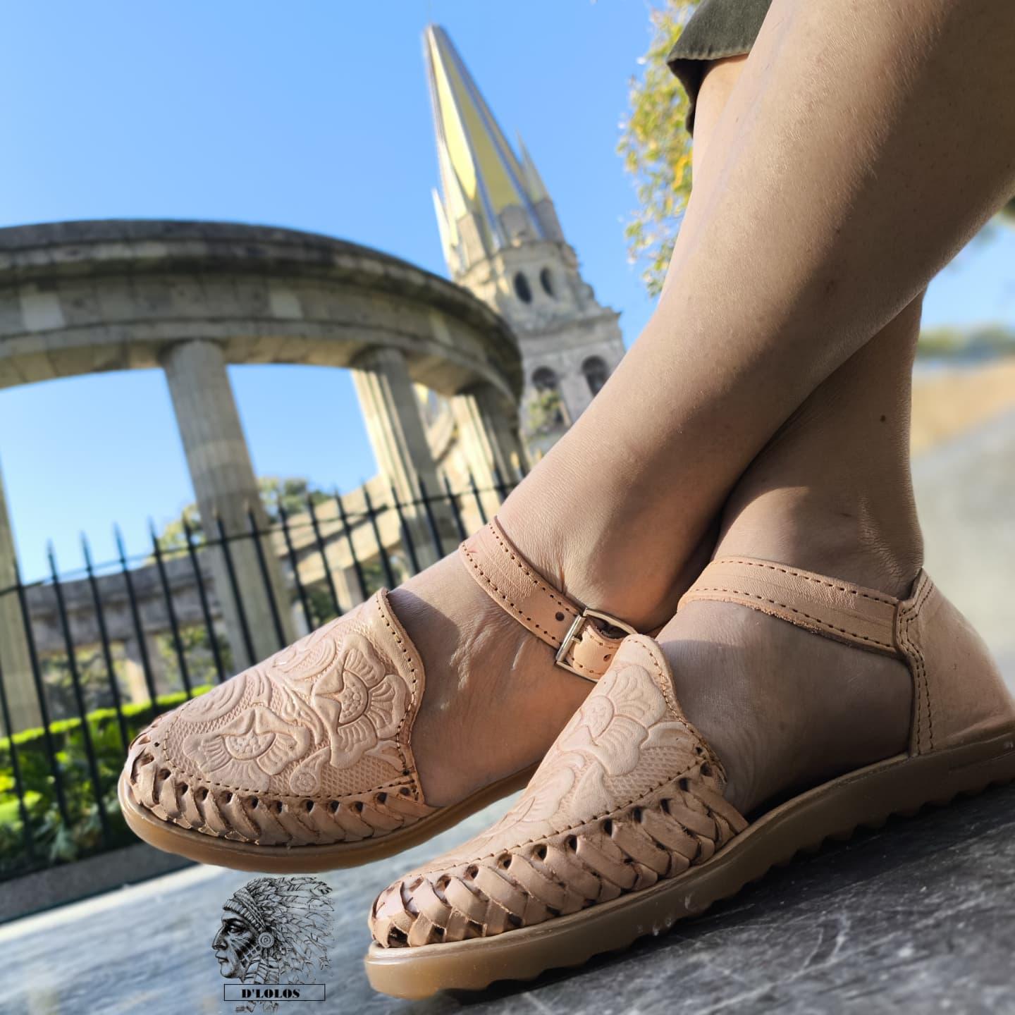 Women's Huaraches with Embossed Flower | Closed Toe and Strap | Mexican Artisanal Shedron or Honey