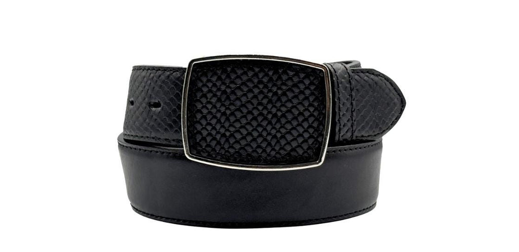 Men's snake-embossed leather belt, buckle with leather insert, 40mm, made in Mexico