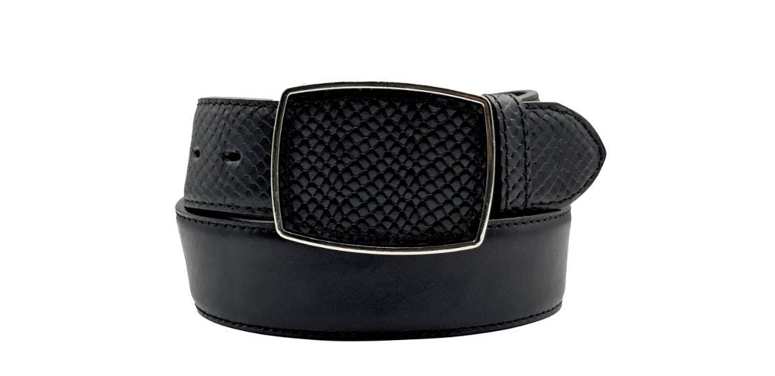 Men's snake-embossed leather belt, buckle with leather insert, 40mm, made in Mexico