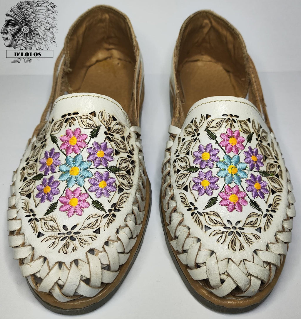 Embroidered huaraches for women, closed toe, genuine leather with flowers, white/honey/brown, handmade in Mexico