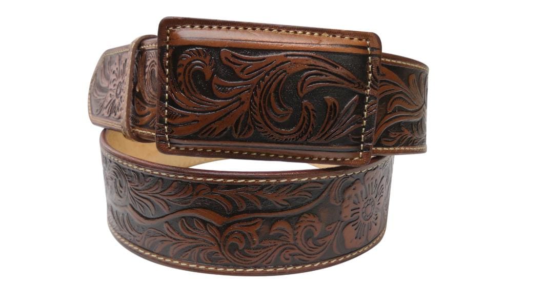 Montana-style 45mm engraved leather cowboy belt, genuine handmade cowhide from Mexico