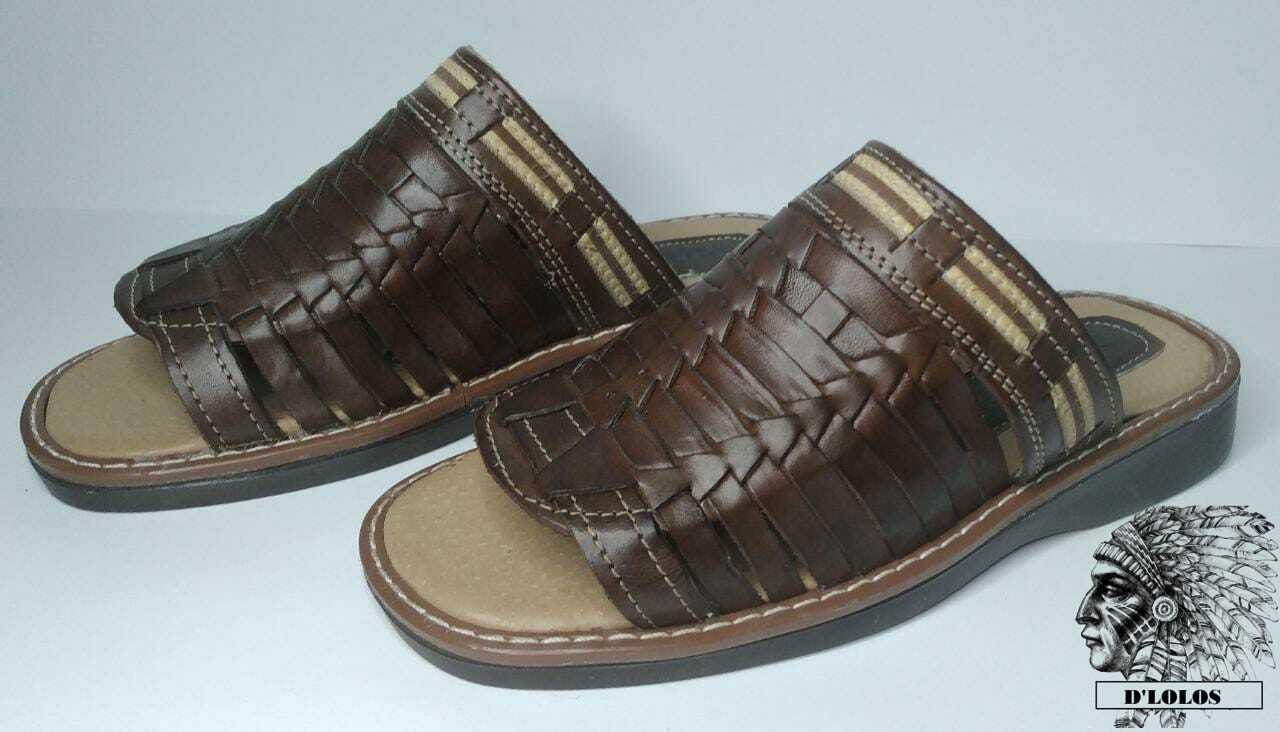Men's mule huaraches, woven leather, honey or brown color, lightweight cushioned sole, handmade in Mexico