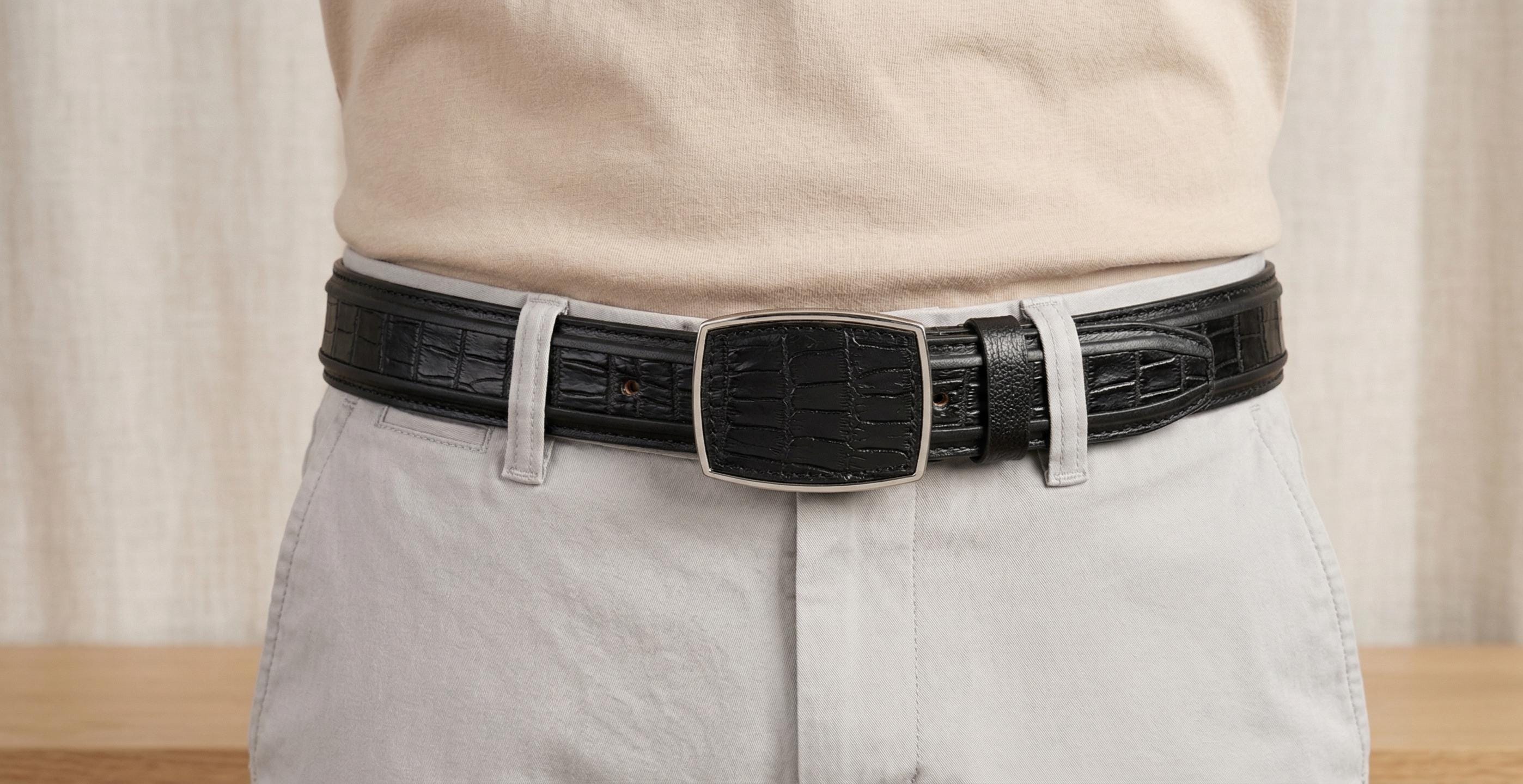 Men's crocodile-embossed leather belt, black or brown, made in Mexico, 40mm
