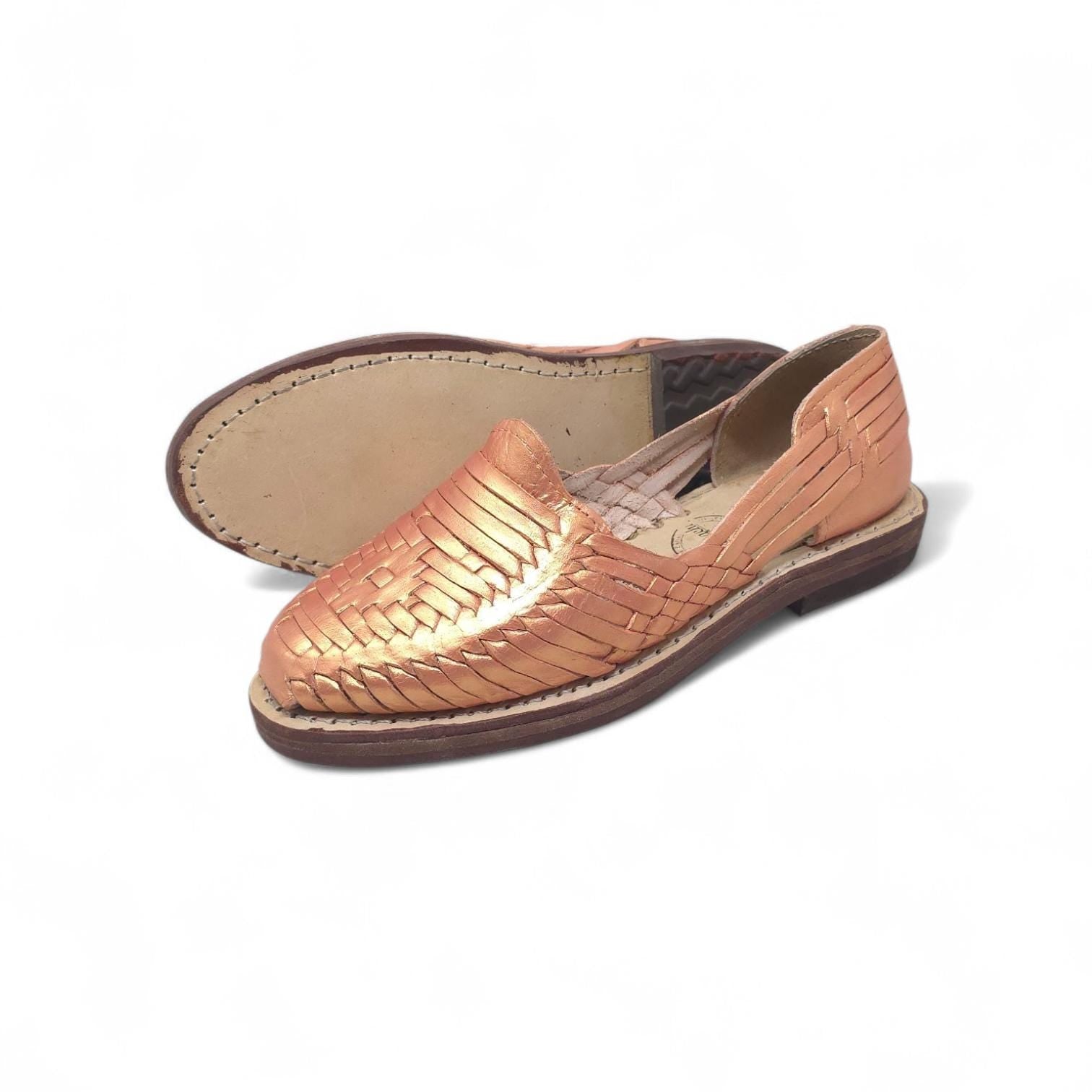 Women's closed-toe huaraches, genuine metallic rose gold leather, rawhide sole, slip-on, handmade in Mexico