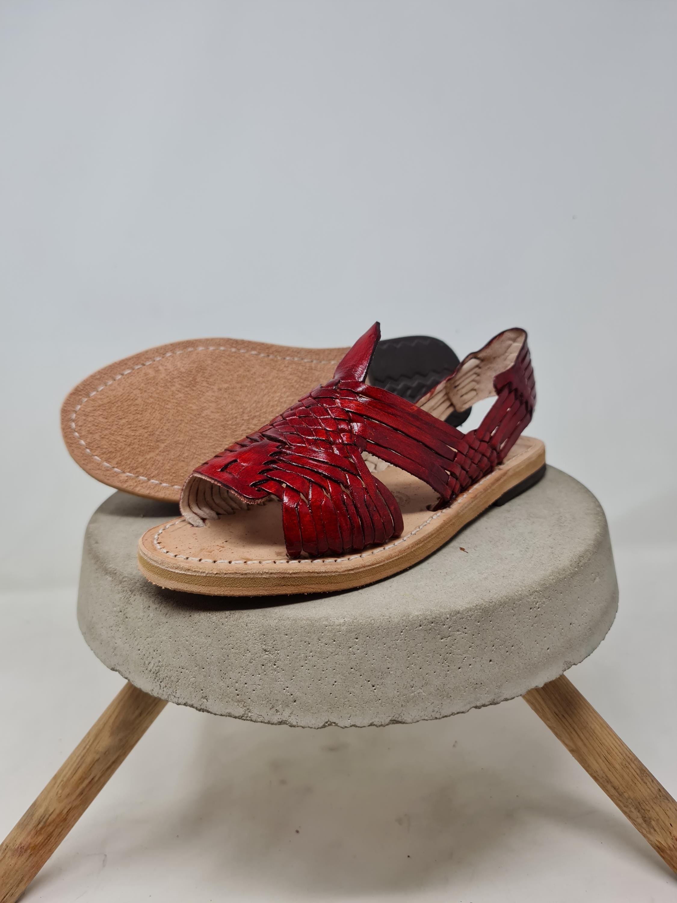 Women's open-toe pachuco huaraches, wine-colored leather, handmade in Mexico