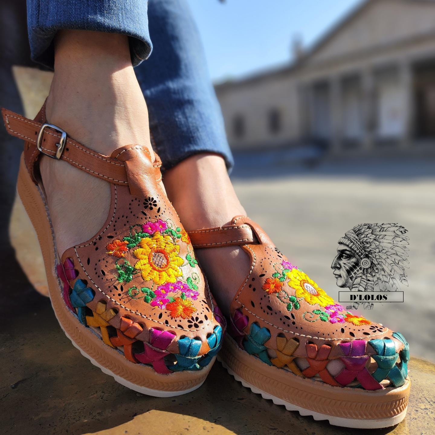 Women's Mexican Huaraches with Embroidered Flowers - Colorful Artisan Sandals with High Sole