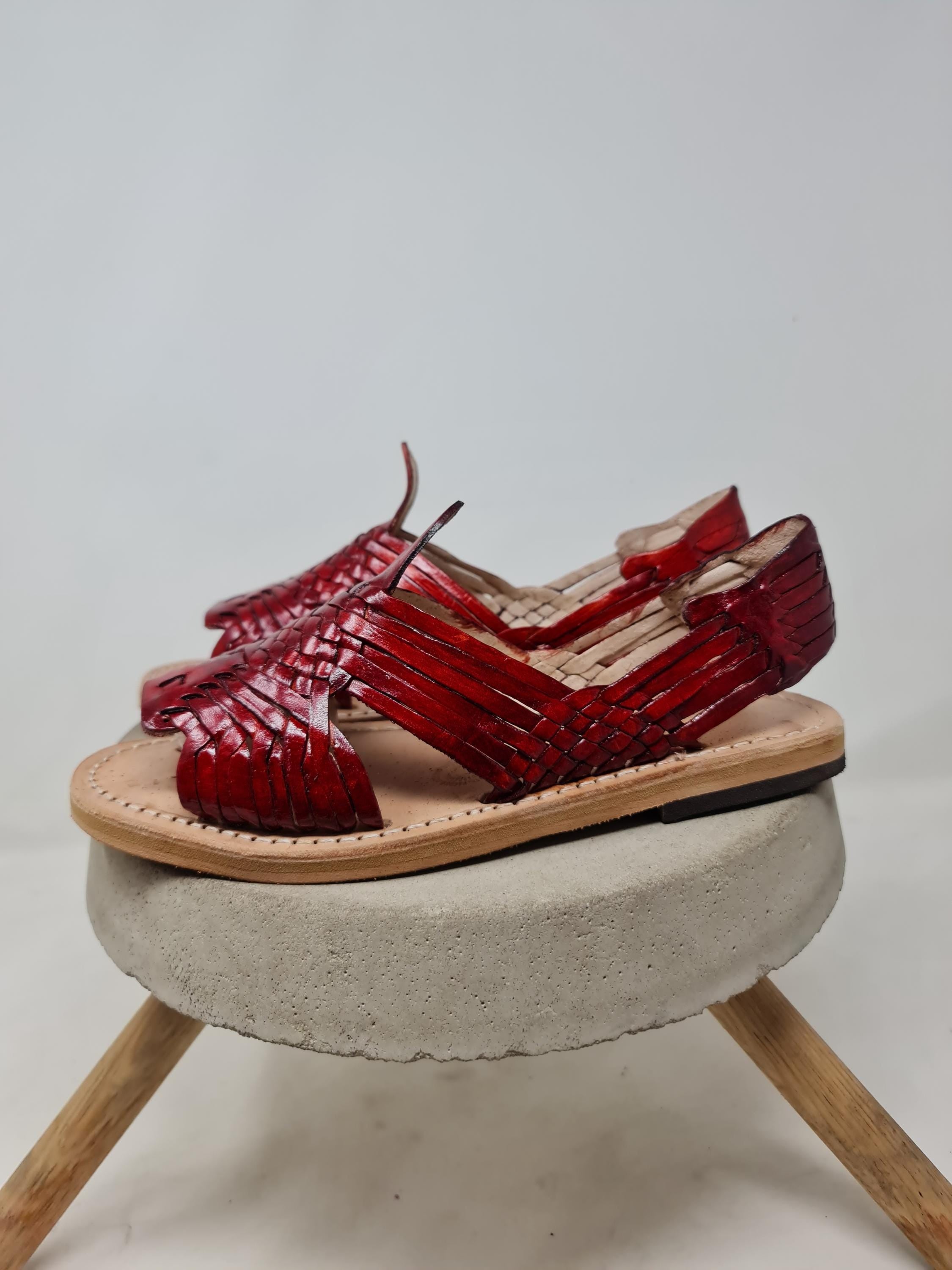 Women's open-toe pachuco huaraches, wine-colored leather, handmade in Mexico