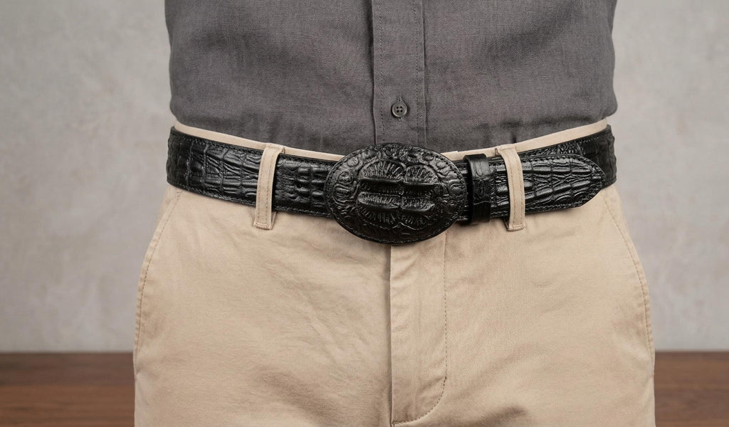 Men's imitation crocodile cowboy belt in embossed cowhide, 40mm wide, handmade belt in honey brown or black