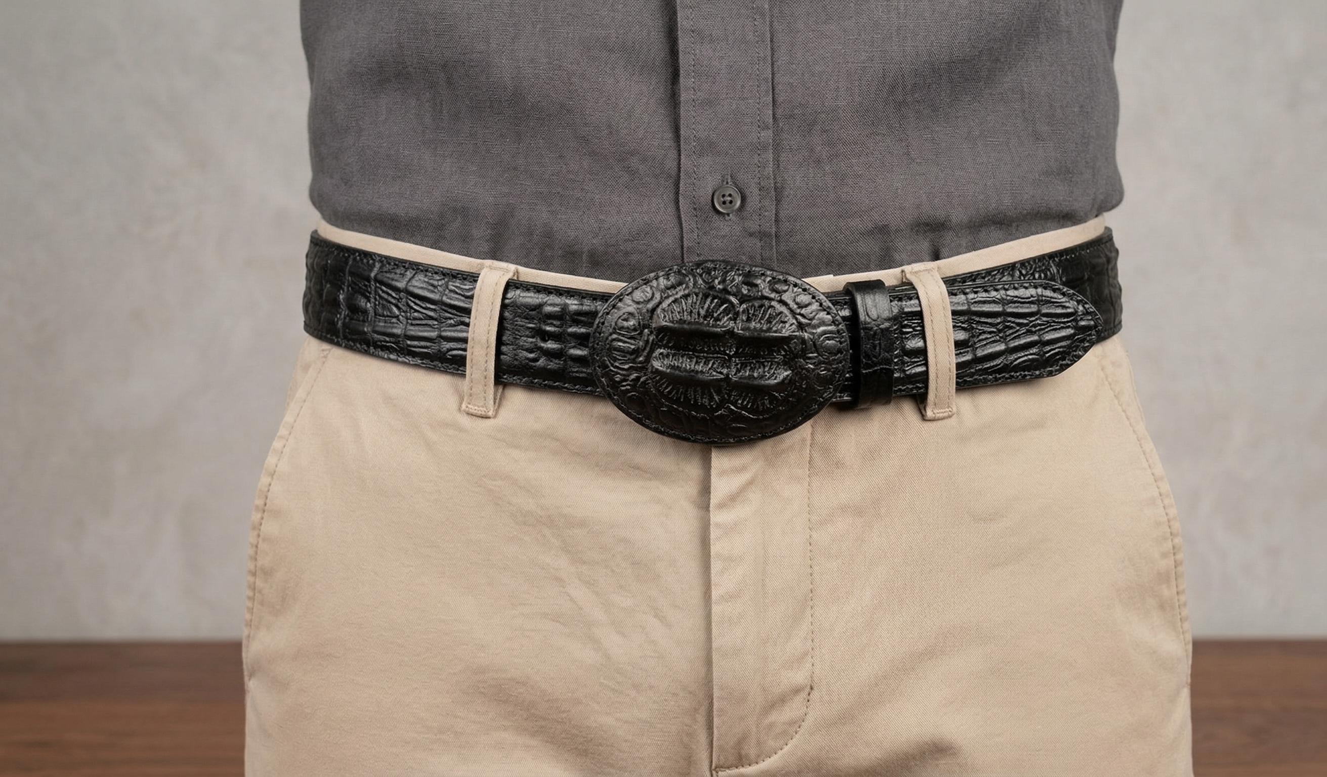 Men's imitation crocodile cowboy belt in embossed cowhide, 40mm wide, handmade belt in honey brown or black