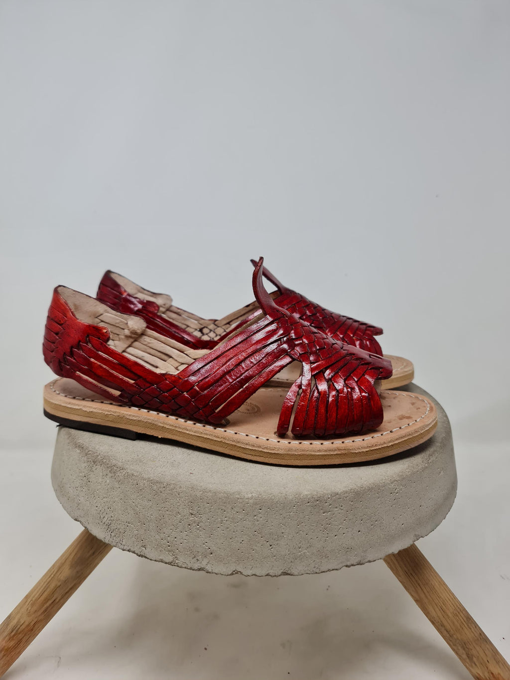 Women's open-toe pachuco huaraches, wine-colored leather, handmade in Mexico