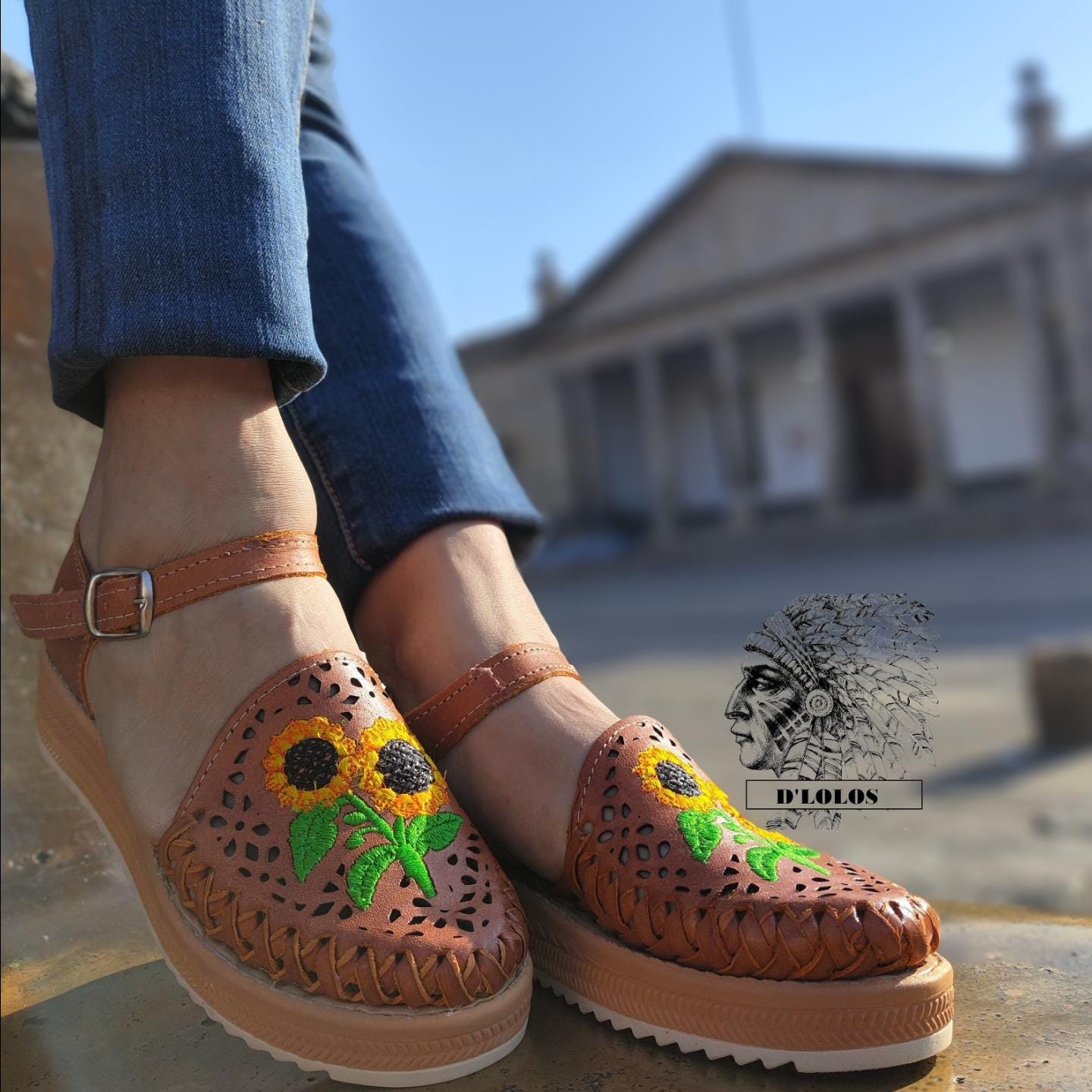 Women's Embroidered Mexican Huaraches with Sunflowers, Closed Toe, Tan with High Platform
