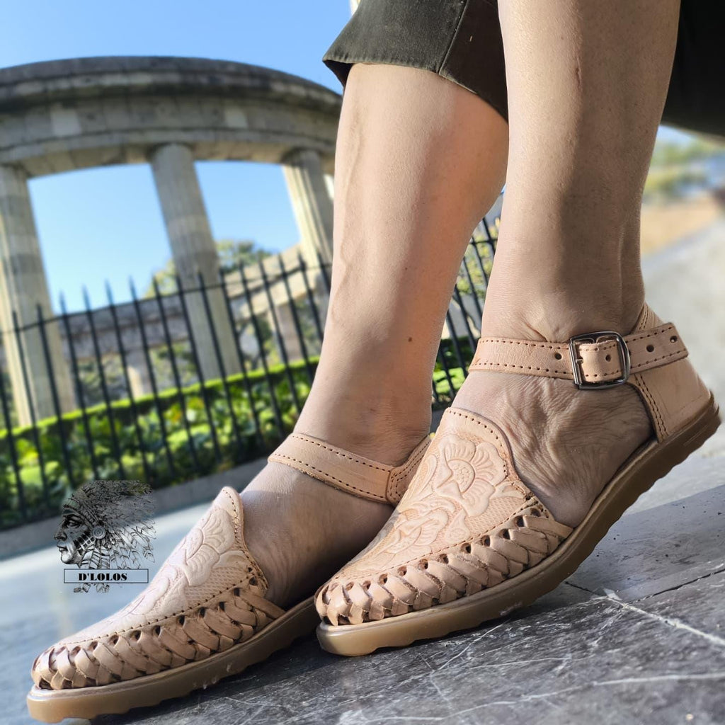 Women's Huaraches with Embossed Flower | Closed Toe and Strap | Mexican Artisanal Shedron or Honey