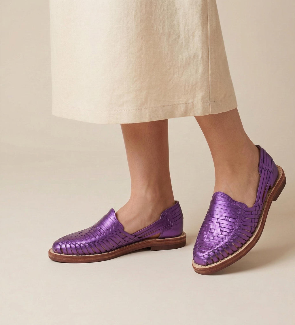 Mexican Huaraches for women, closed toe, woven metallic purple leather, handmade artisanal sandals made in Mexico