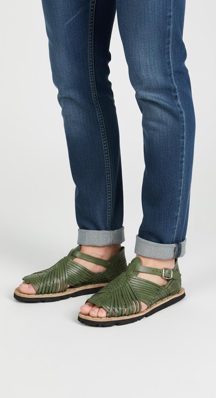 Men's open-toe Mexican huaraches, genuine leather, tire sole, avocado color, made in Mexico