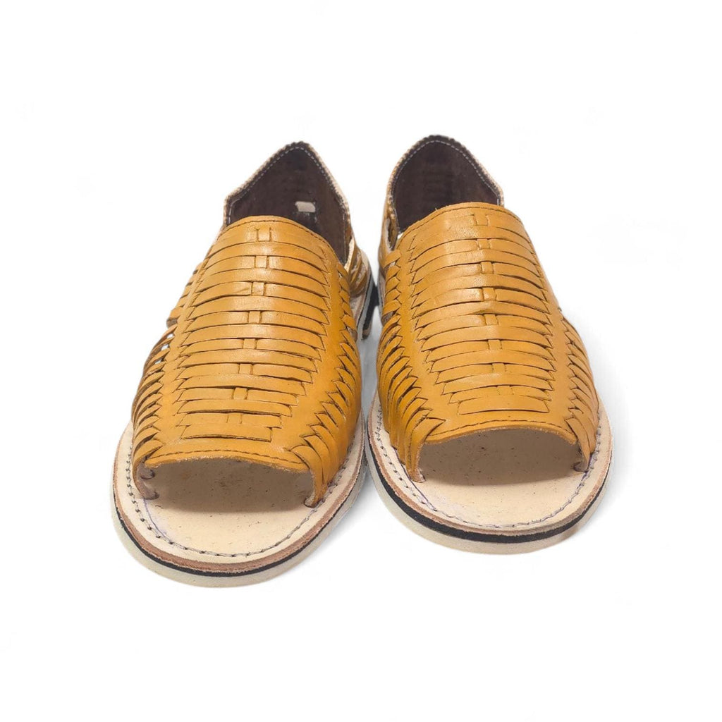Men's Mexican open-toe mustard huaraches in genuine leather with a thin crepe sole, made in Mexico