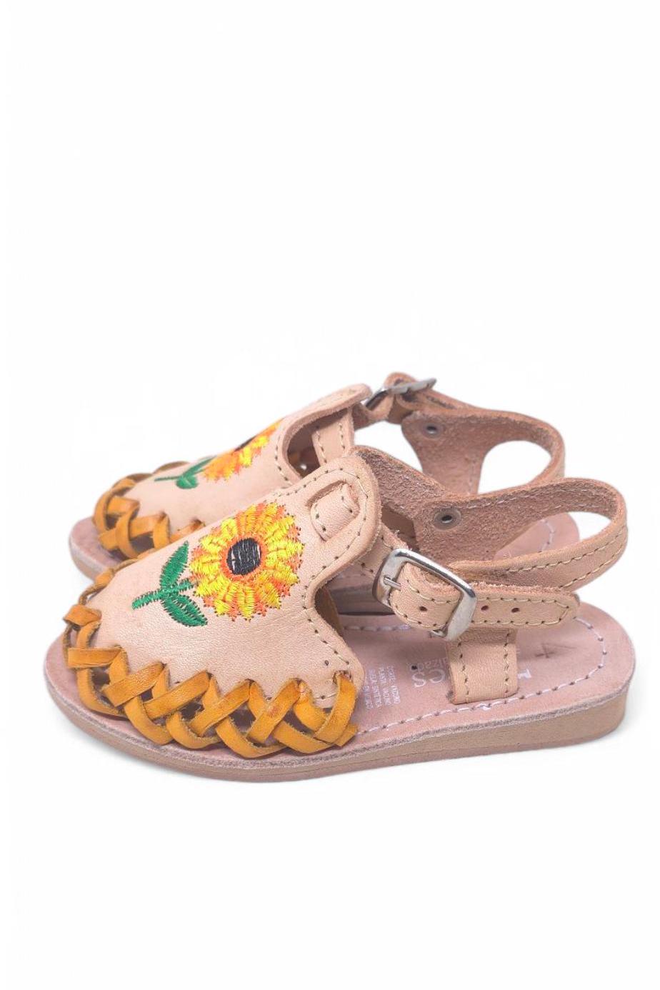 Baby and girls' huaraches with embroidered sunflowers – Handmade leather sandals with buckle closure, comfortable and cool