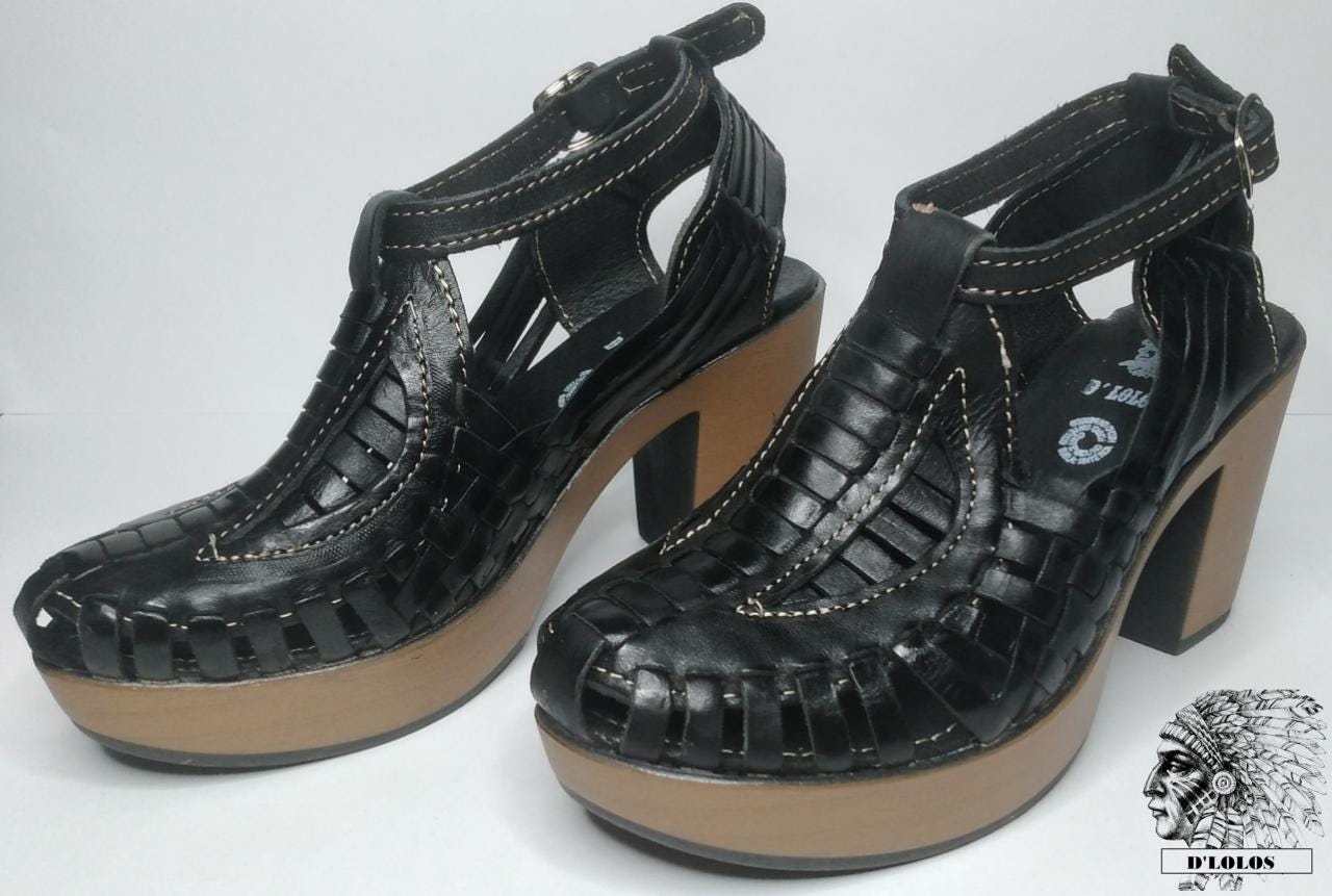 Women's closed-toe Mexican heel huaraches genuine leather honey black rainbow handmade in Mexico