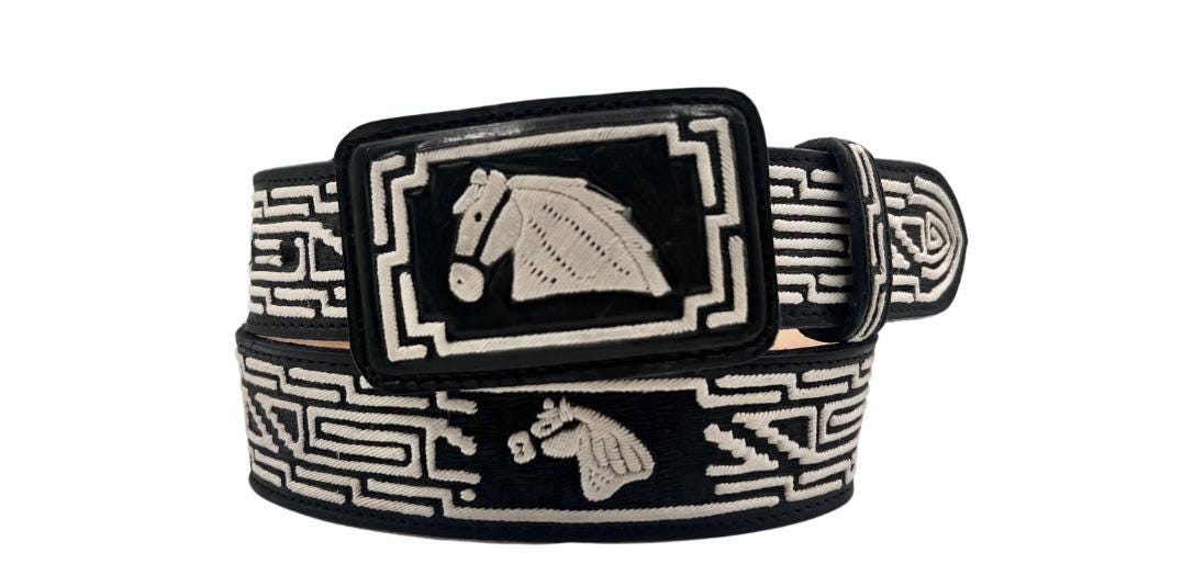 Premium 100% handmade piteado leather belt, handcrafted cowboy belt made in Mexico with authentic pita fiber, 45 mm