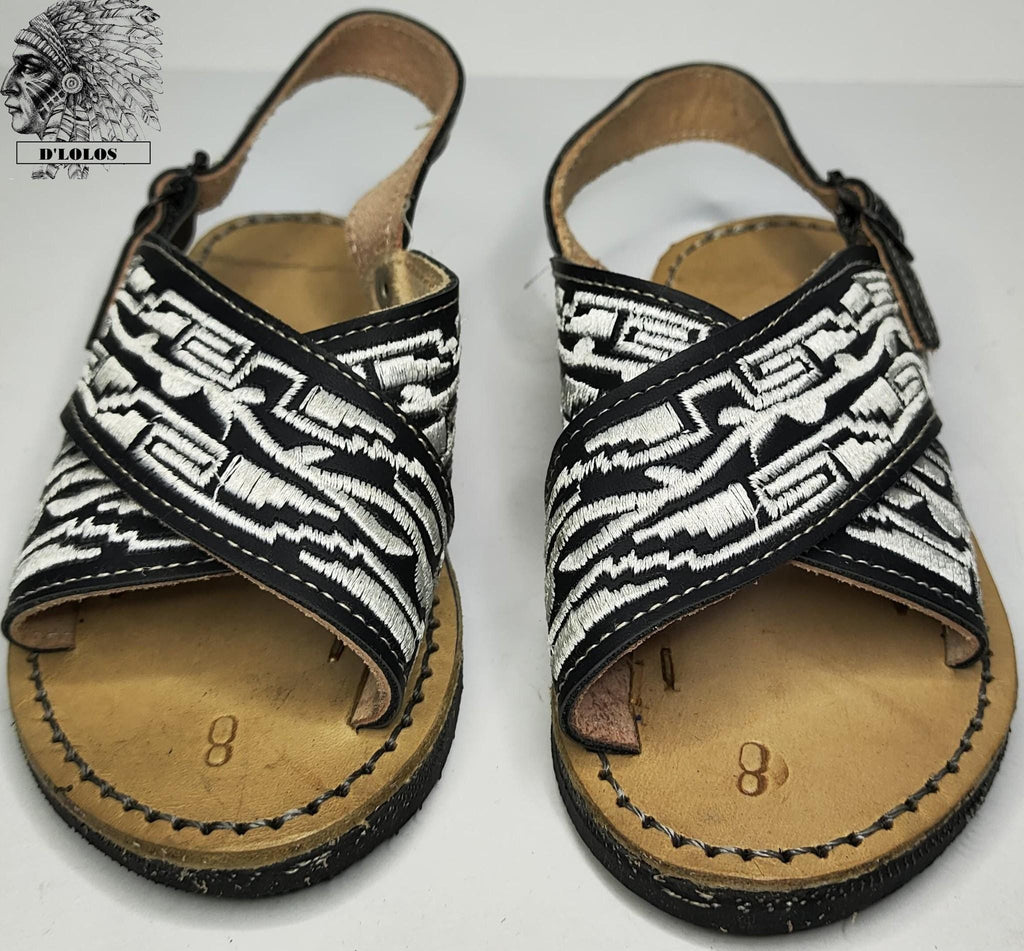 Handmade huaraches for children, brown or black leather sandals with white thread, buckle, made in Mexico