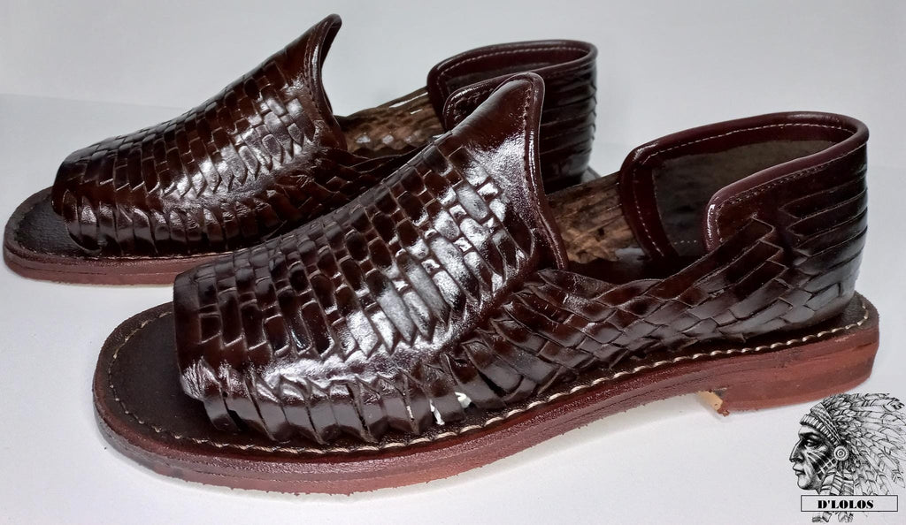Men's open-toe huaraches, woven leather, honey or reddish brown, comfortable slip-ons, made in Mexico