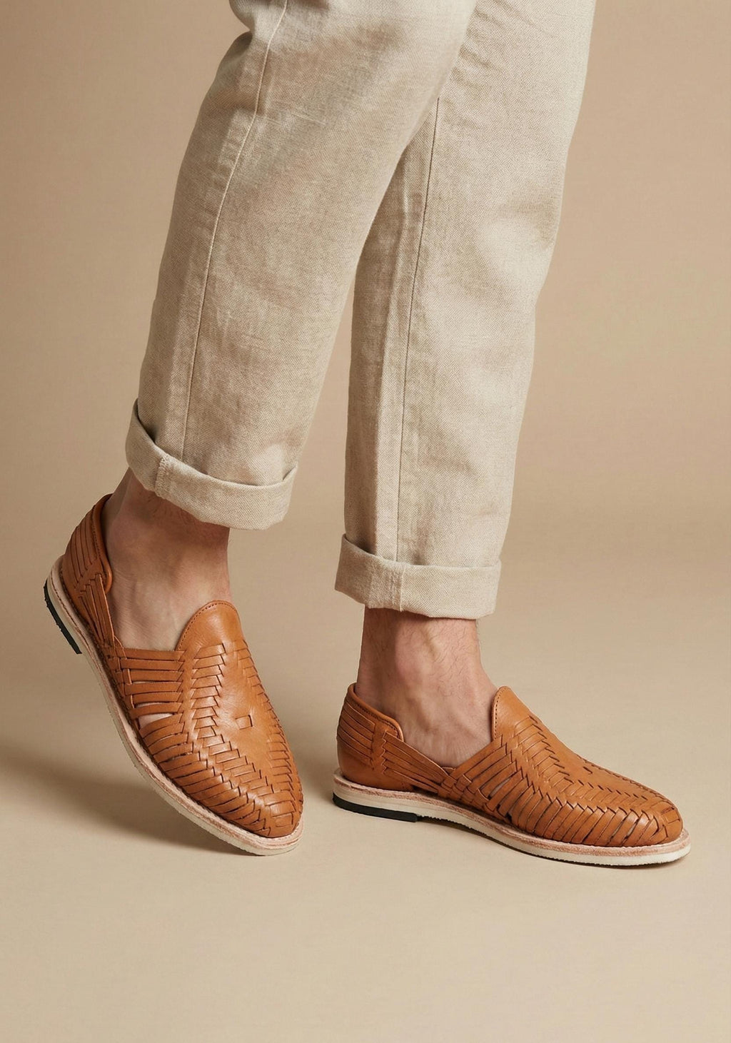 Men's Mexican Huaraches, Soft Leather "Tan", Rubber Sole, Closed Toe Style - Handmade and Authentic, Ships Directly from Mexico