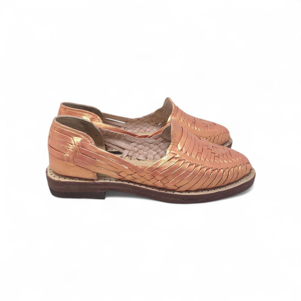 Women's closed-toe huaraches, genuine metallic rose gold leather, rawhide sole, slip-on, handmade in Mexico