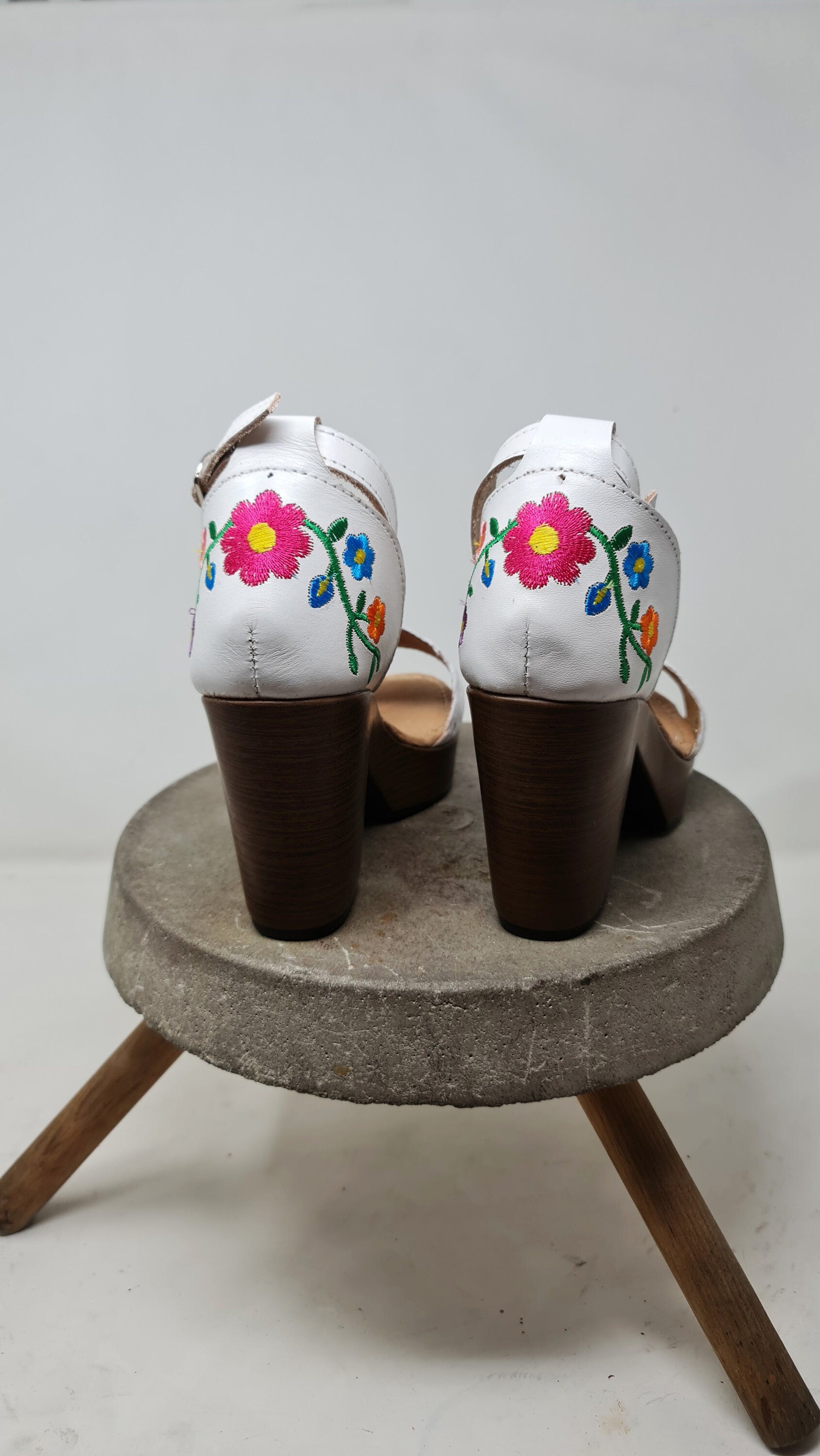 Women's white platform huarache sandals with colorful embroidered heels, Mexican huarache heels