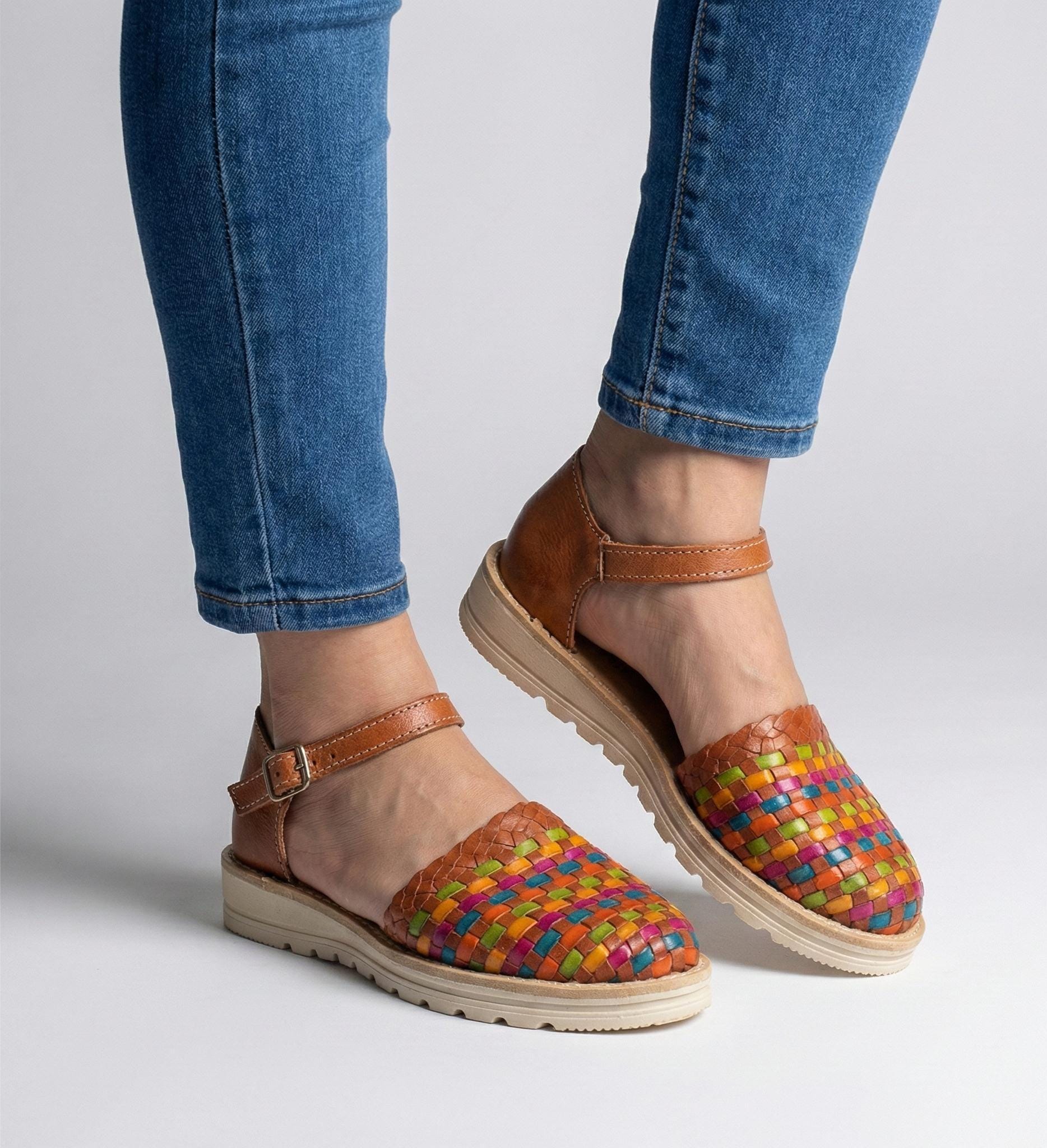 Mexican Huaraches for Women, Colorful with Closed Toe and Adjustable Strap, Comfortable Artisan Footwear