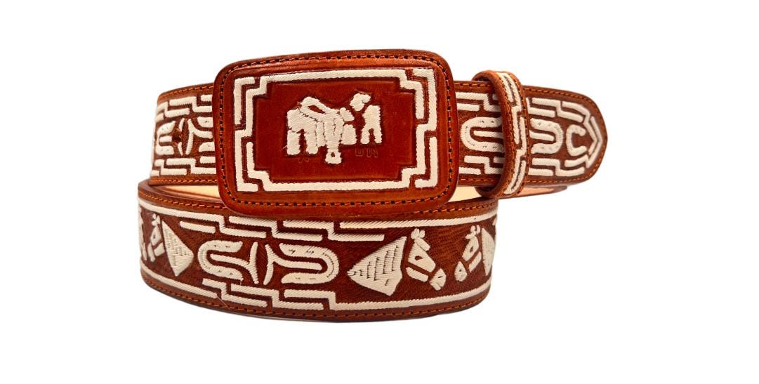 Premium 100% handmade piteado leather belt, handcrafted cowboy belt made in Mexico with authentic pita fiber, 45 mm
