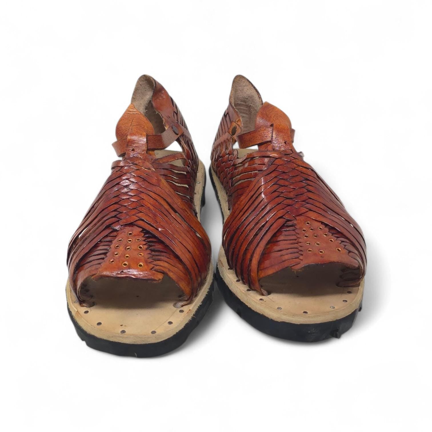 Men's pachuco huaraches, open toe, tobacco brown leather, studded tire sole, made in Mexico