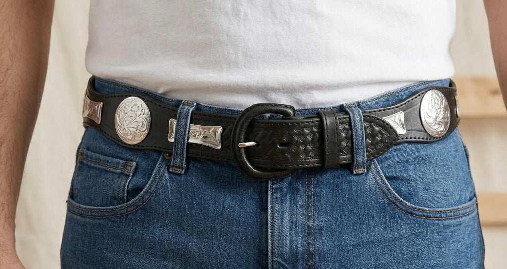 Cinturón vaquero de vaqueta con conchos metálicos tipo moño, cinturón western de piel 40 mm, tallas 34-44