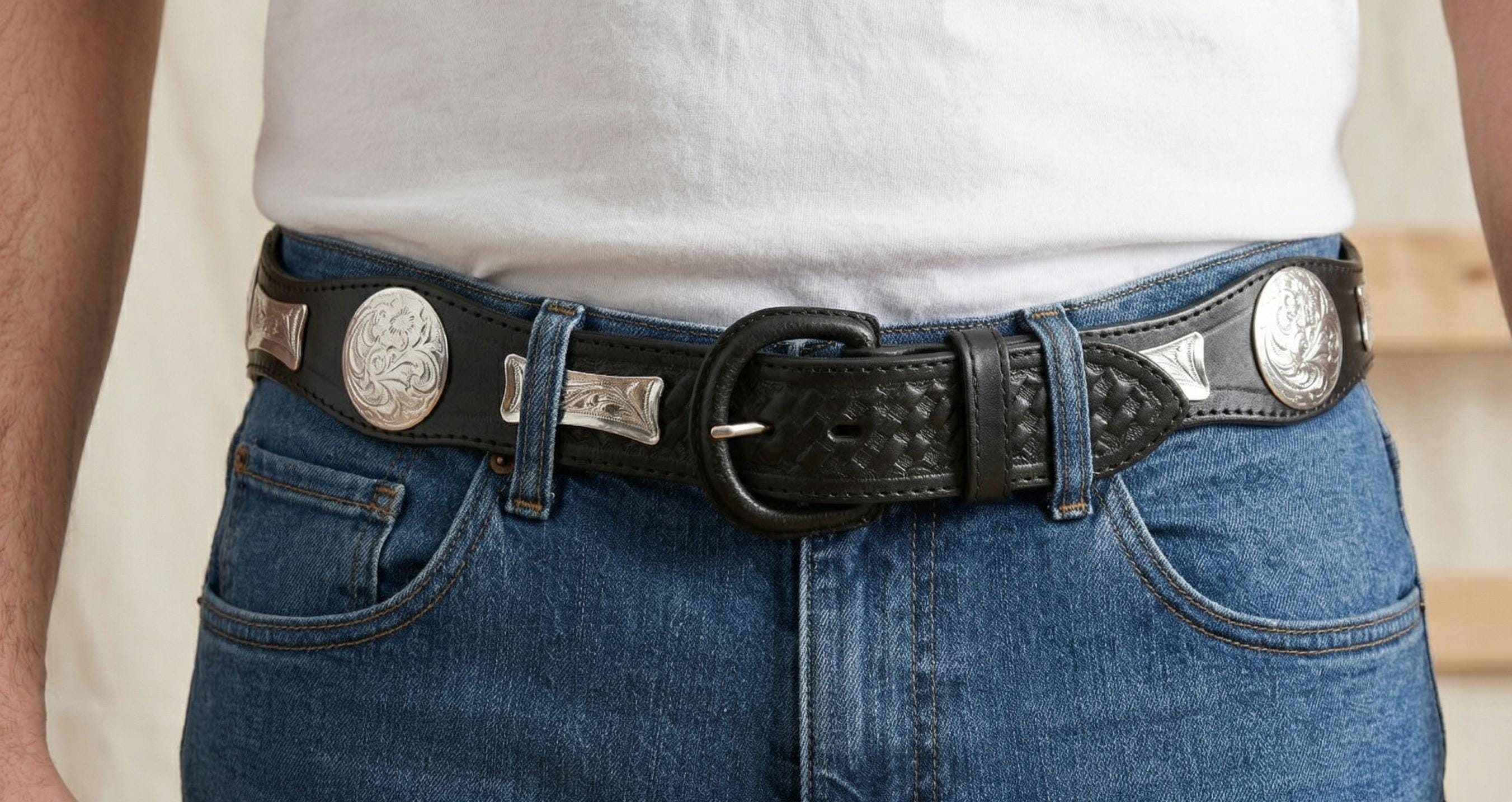 Cowboy leather belt with bow-shaped metal conchos, 40mm western leather belt, sizes 34-44