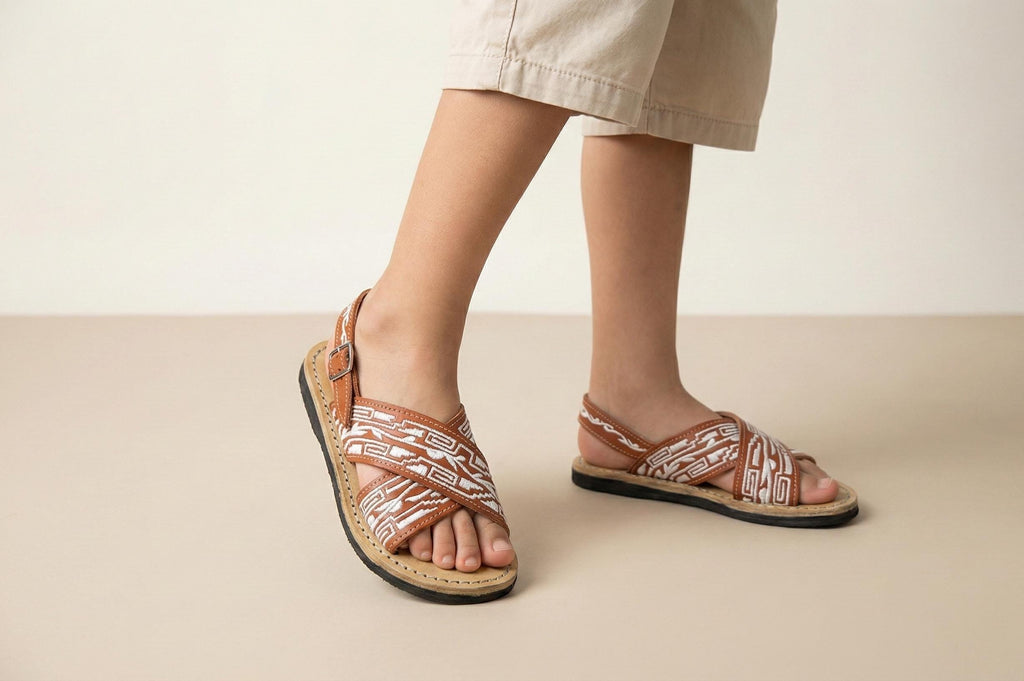 Handmade huaraches for children, brown or black leather sandals with white thread, buckle, made in Mexico