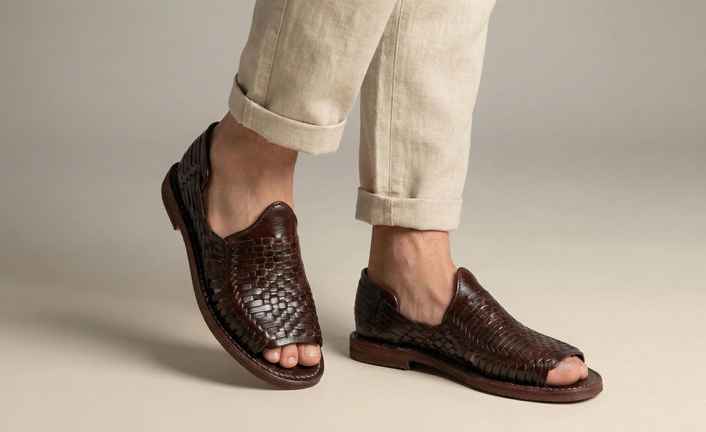 Men's open-toe huaraches, woven leather, honey or reddish brown, comfortable slip-ons, made in Mexico