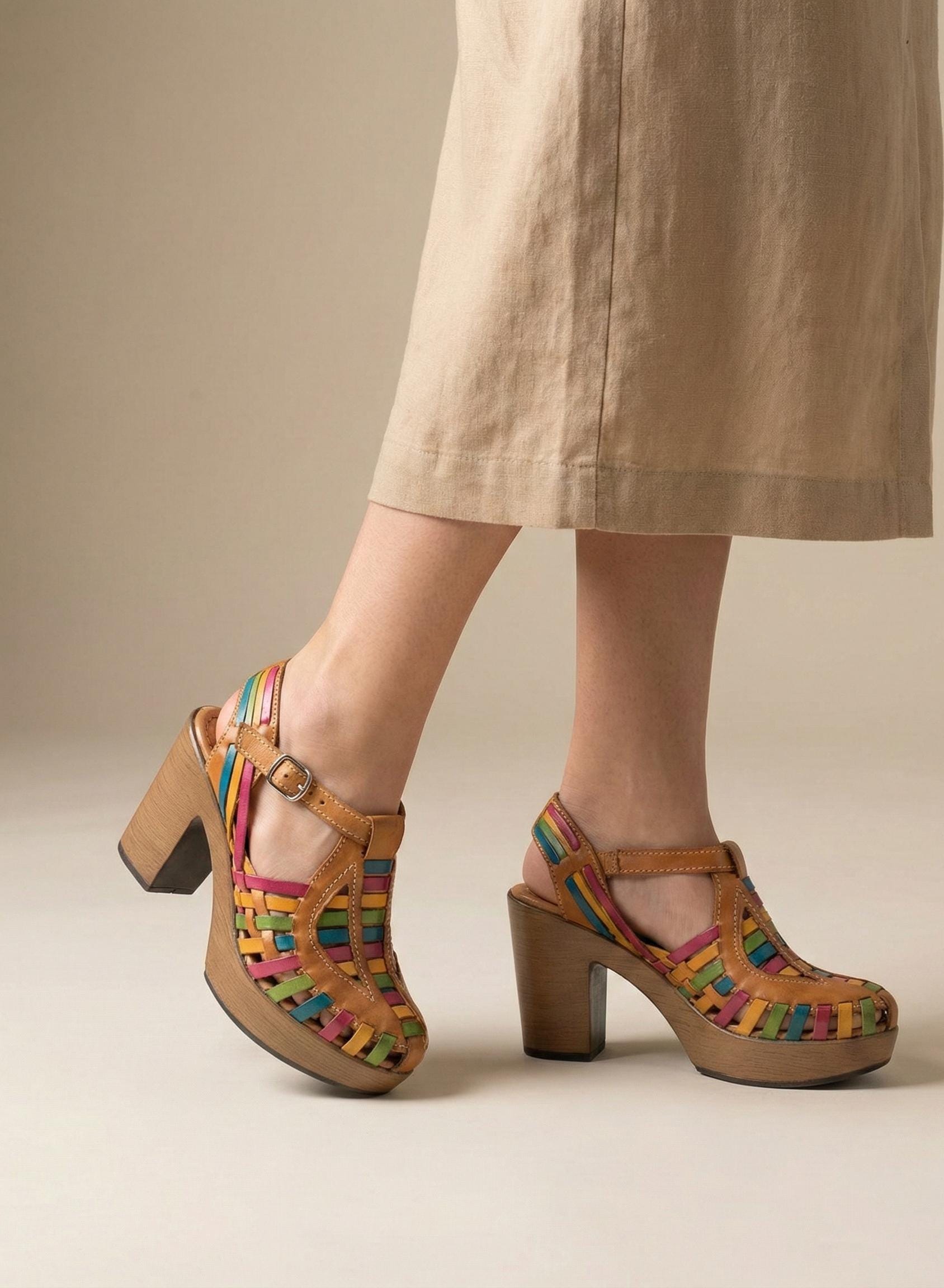 Women's closed-toe Mexican heel huaraches genuine leather honey black rainbow handmade in Mexico