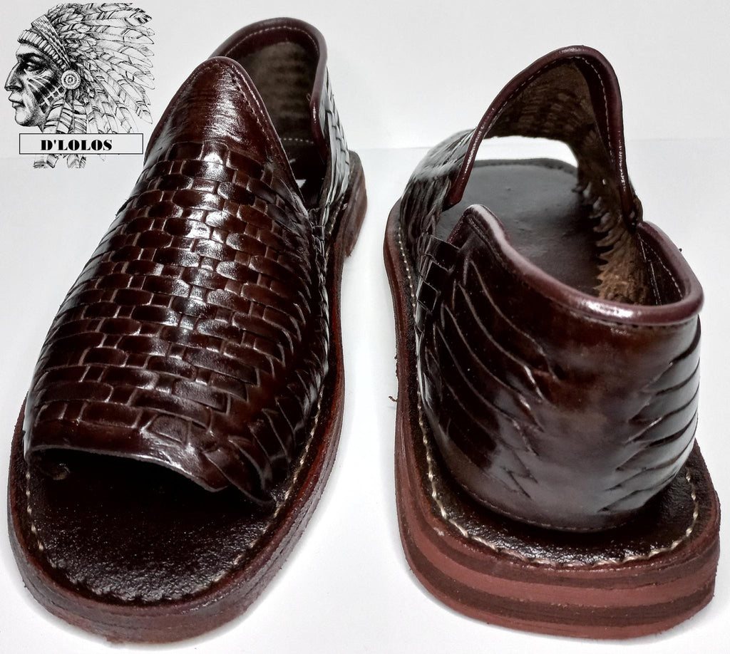 Men's open-toe huaraches, woven leather, honey or reddish brown, comfortable slip-ons, made in Mexico