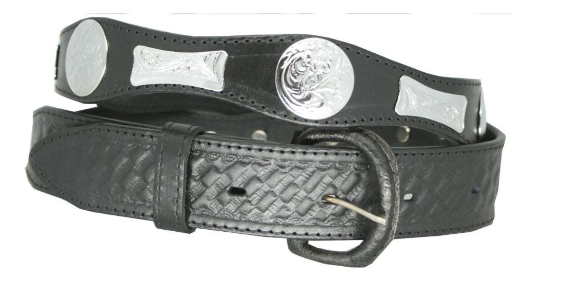 Cowboy leather belt with bow-shaped metal conchos, 40mm western leather belt, sizes 34-44